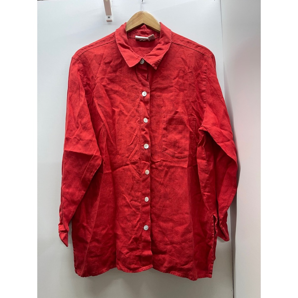 Chicos Design Red Linen Button Down Shirt Long Sleeve Blouse Pocket Size 3 XL